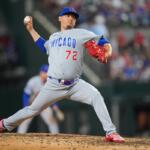 Chicago Cubs pitcher Javier Assad throws to the Texas Rangers during the sixth inning of a baseball game Friday, May 8, 2026, in Arlington, Texas. (AP Photo/Julio Cortez)