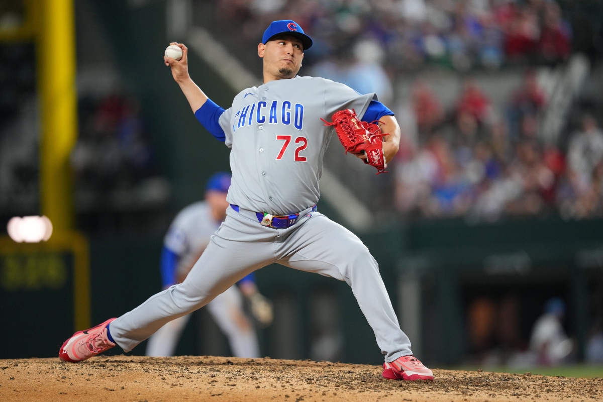 Chicago Cubs pitcher Javier Assad throws to the Texas Rangers during the sixth inning of a baseball game Friday, May 8, 2026, in Arlington, Texas. (AP Photo/Julio Cortez)