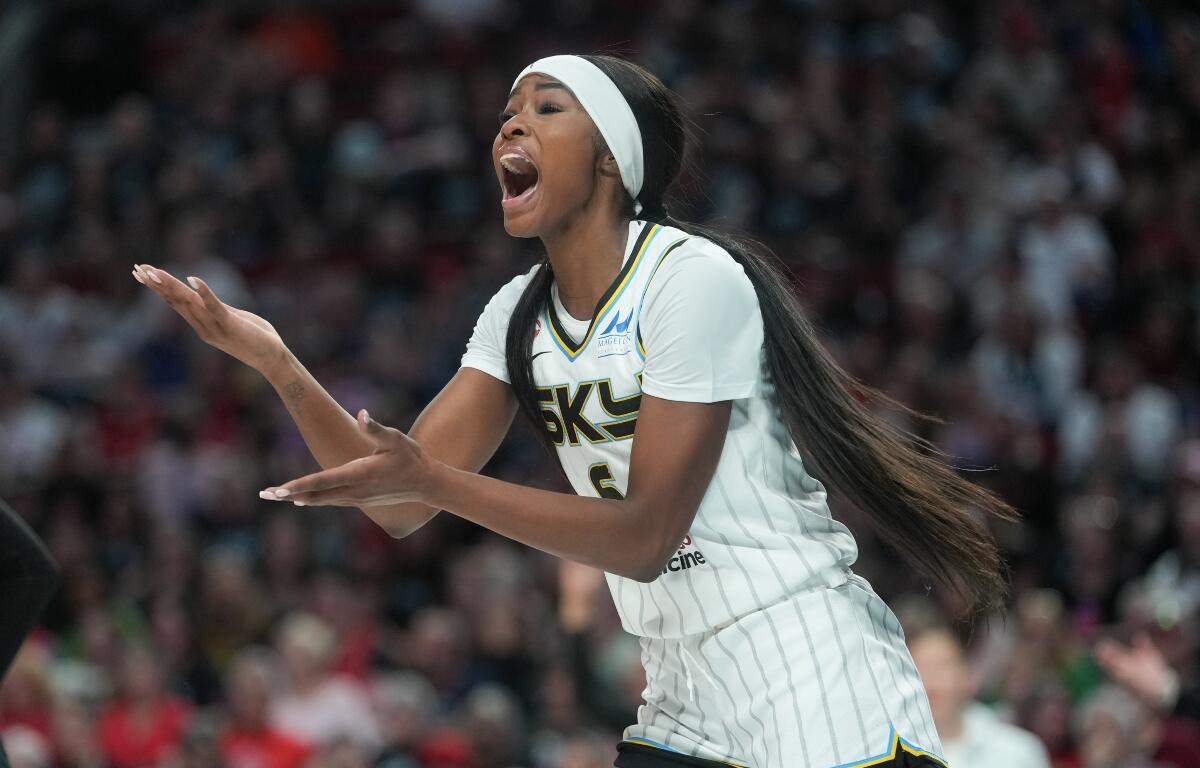Chicago Sky forward Rickea Jackson reacts after a call during the second half of a WNBA basketball game against the Portland Fire, Saturday, May 9, 2026, in Portland, Ore. (AP Photo/Jenny Kane)