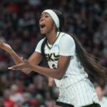 Chicago Sky forward Rickea Jackson reacts after a call during the second half of a WNBA basketball game against the Portland Fire, Saturday, May 9, 2026, in Portland, Ore. (AP Photo/Jenny Kane)