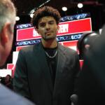Duke forward Cameron Boozer talks to media during the NBA basketball draft lottery in Chicago, Sunday, May 10, 2026. (AP Photo/Nam Y. Huh)