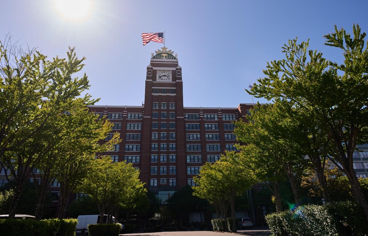 The Starbucks global corporate headquarters building is seen Monday, May 11, 2026, in Seattle. (AP Photo/Lindsey Wasson)