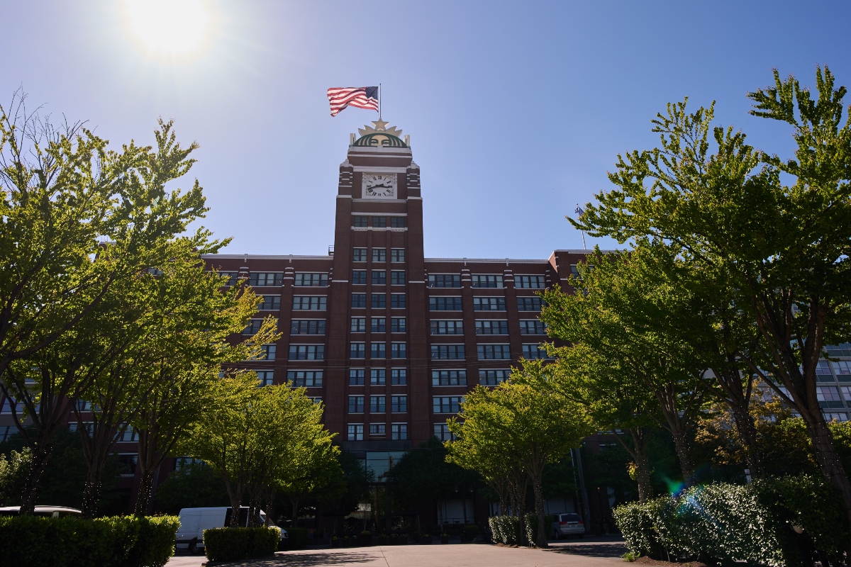 The Starbucks global corporate headquarters building is seen Monday, May 11, 2026, in Seattle. (AP Photo/Lindsey Wasson)