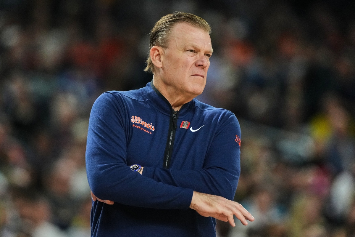FILE - Illinois head coach Brad Underwood watches froom the sidelines during the first half of an NCAA college basketball tournament semifinal game against UConn at the Final Four, April 4, 2026, in Indianapolis. (AP Photo/Michael Conroy, File)