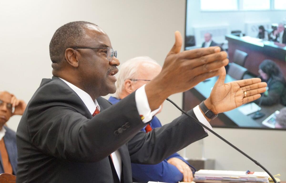 Illinois State University President Aondover Tarhule speaks to a Senate committee in Springfield on April 28, 2026. (Capitol News Illinois photo by Peter Hancock)