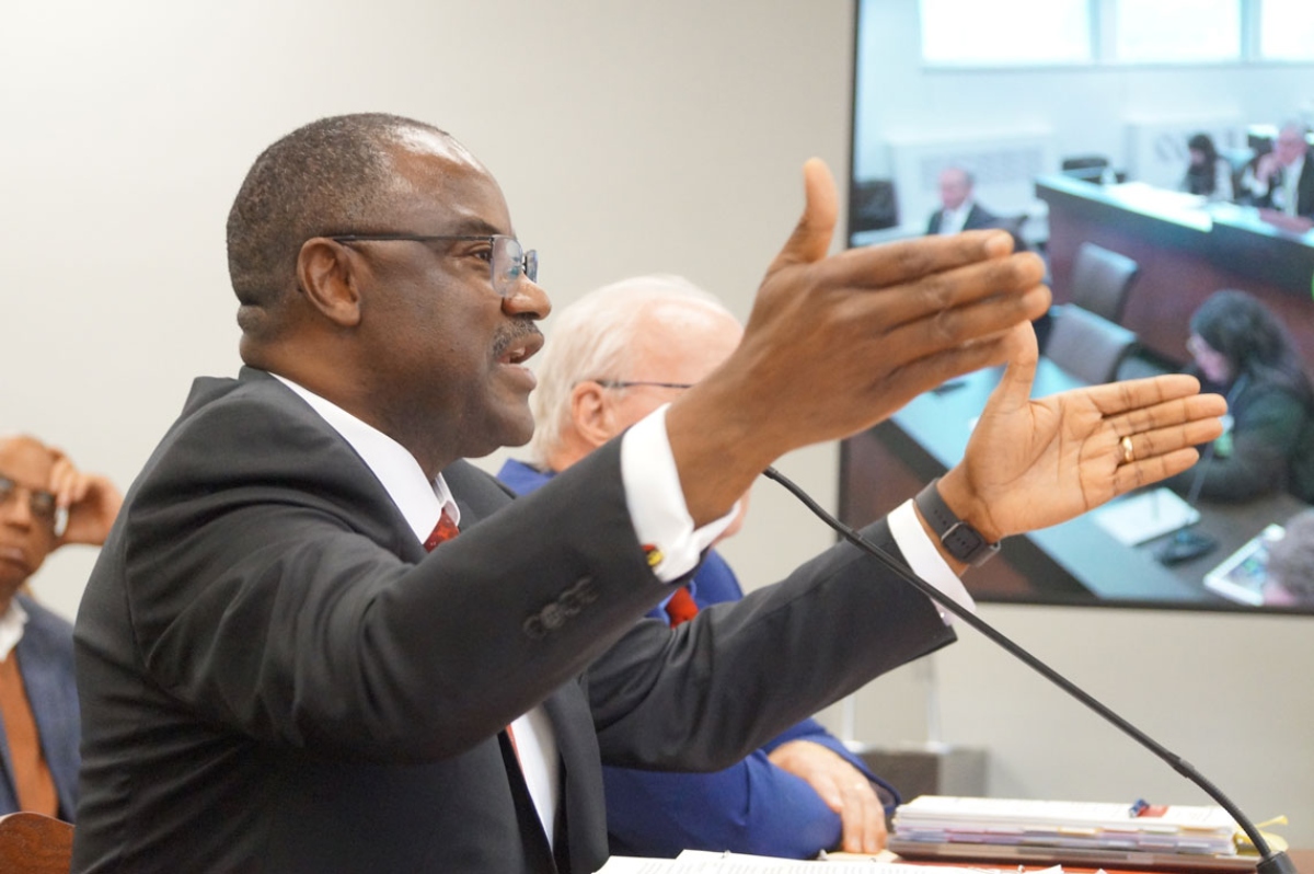 Illinois State University President Aondover Tarhule speaks to a Senate committee in Springfield on April 28, 2026. (Capitol News Illinois photo by Peter Hancock)