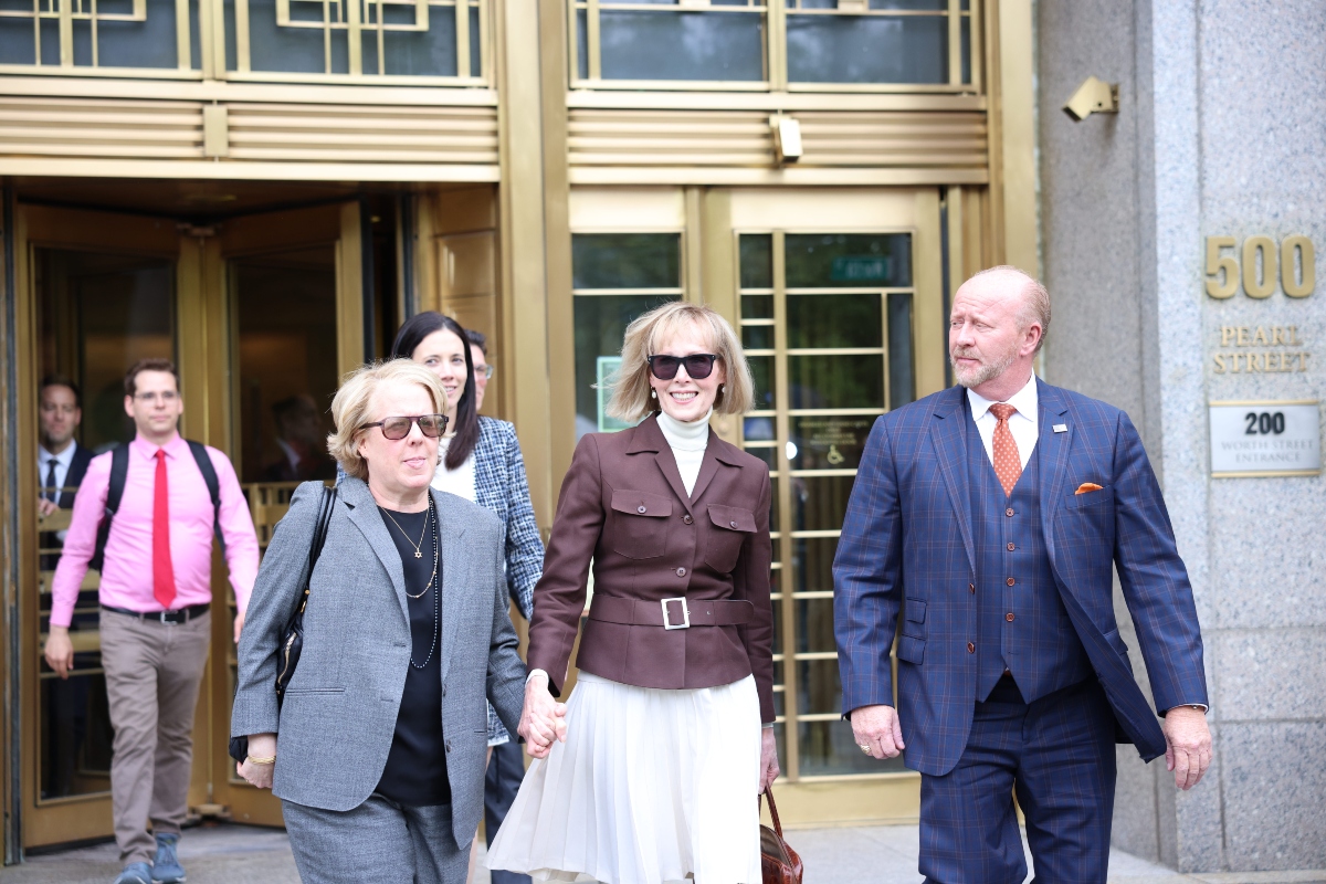 New York, NY USA - May 9 2023: E. Jean Carroll smiles as she leaves the courtroom after a jury found former President Trump liable for sexual abuse and defamation.