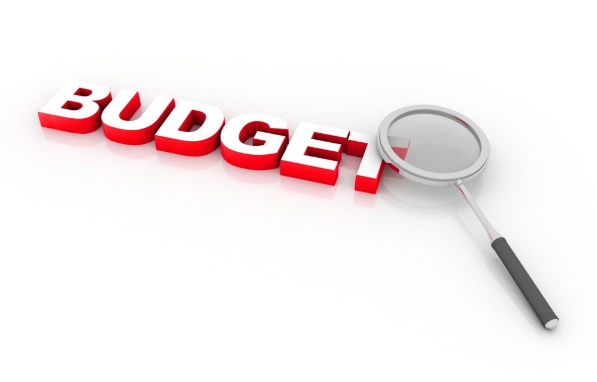 Red 3D word 'BUDGET' with a magnifying glass, implying budget review or analysis