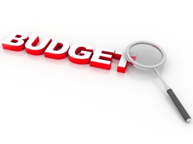 Red 3D word 'BUDGET' with a magnifying glass, implying budget review or analysis