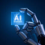 Robotic hand holding a glowing AI 'Accelerated' sign against a dark blue background—tech AI theme.