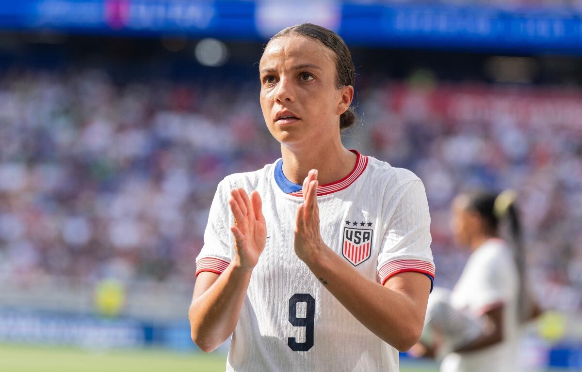 Mallory Swanson (9) of USWNT in play during pre-Olympic friendly match against Mexico at Red Bull Arena in Harrison, NJ on July 13, 2024. USWNT won 1 - 0