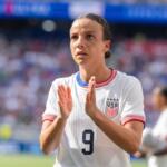Mallory Swanson (9) of USWNT in play during pre-Olympic friendly match against Mexico at Red Bull Arena in Harrison, NJ on July 13, 2024. USWNT won 1 - 0