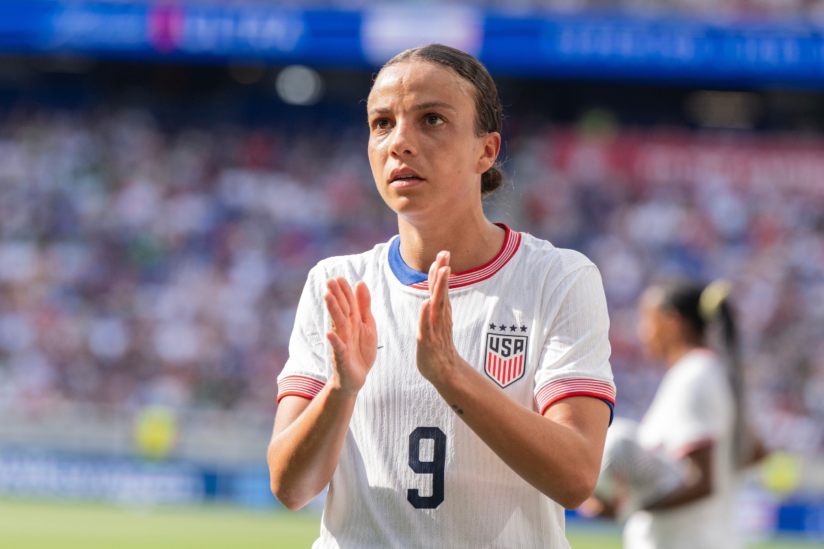 Mallory Swanson (9) of USWNT in play during pre-Olympic friendly match against Mexico at Red Bull Arena in Harrison, NJ on July 13, 2024. USWNT won 1 - 0