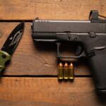 The most popular pistol for self-defense Glock 43x mos with a red dot sight and a tactical folding knife.