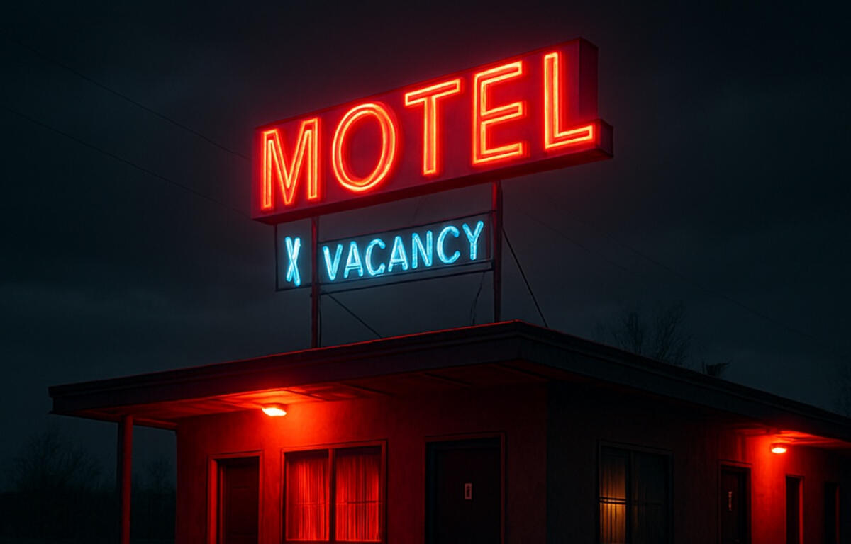 Night scene of a small motel with red neon MOTEL sign and blue VACANCY sign, casting a red glow on the building at dusk.