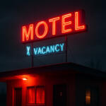 Night scene of a small motel with red neon MOTEL sign and blue VACANCY sign, casting a red glow on the building at dusk.