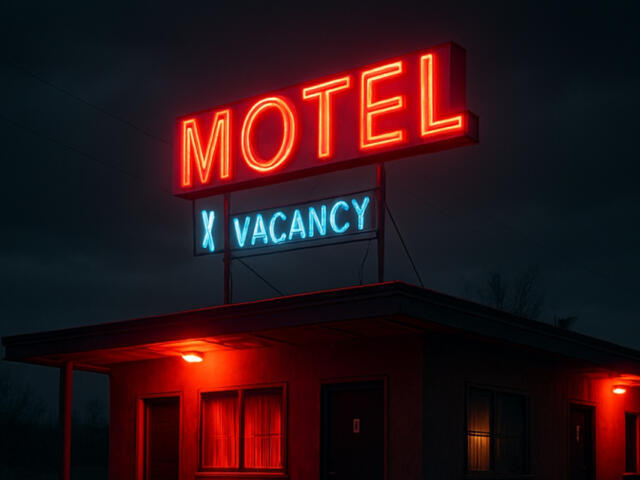 Night scene of a small motel with red neon MOTEL sign and blue VACANCY sign, casting a red glow on the building at dusk.