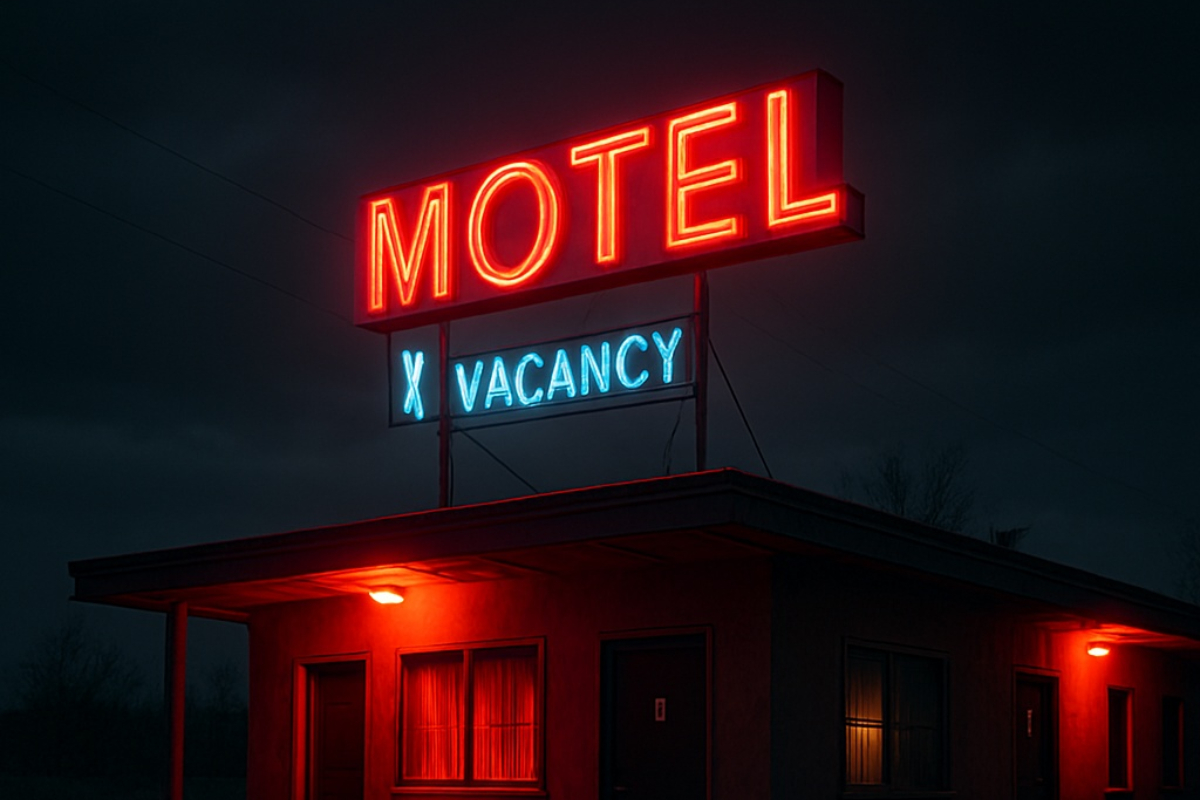 Night scene of a small motel with red neon MOTEL sign and blue VACANCY sign, casting a red glow on the building at dusk.
