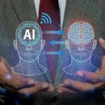 Machine learning with data technology. Robot inputting information from a human head into its own. futuristic digital network technology, innovation. AI Learning and Artificial Intelligence concept