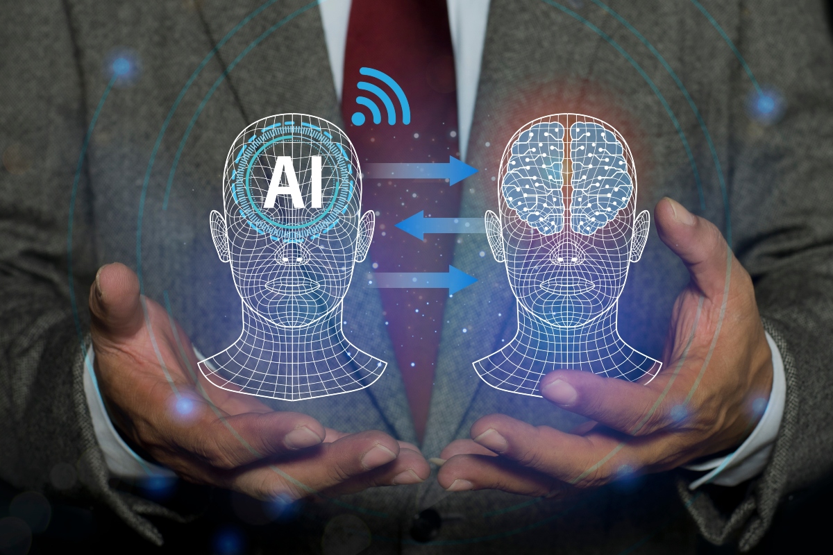 Machine learning with data technology. Robot inputting information from a human head into its own. futuristic digital network technology, innovation. AI Learning and Artificial Intelligence concept