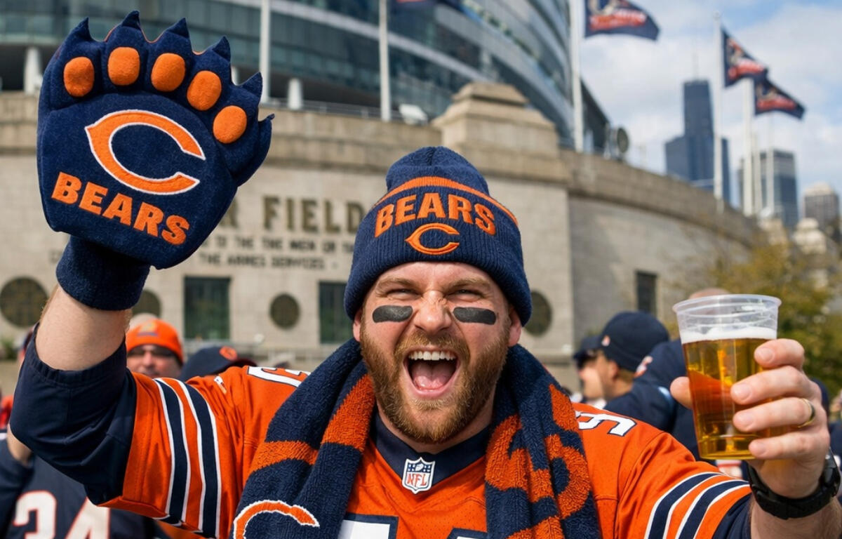 Excited Chicago Bears fan in an orange jersey and beanie throws up a Bears glove while holding a beer at the stadium in celebration.