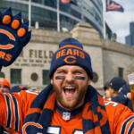 Excited Chicago Bears fan in an orange jersey and beanie throws up a Bears glove while holding a beer at the stadium in celebration.