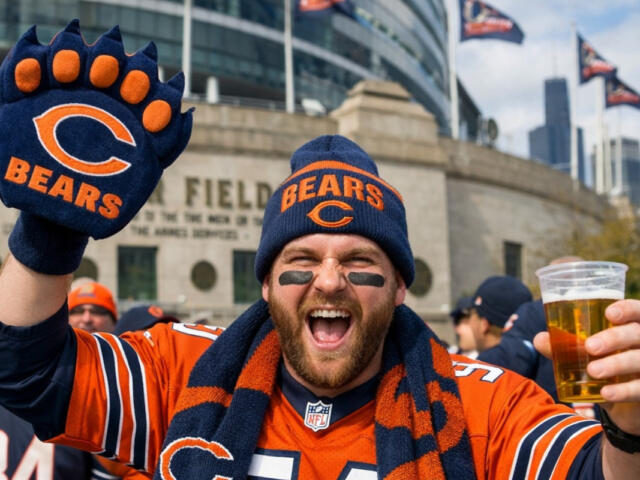 Excited Chicago Bears fan in an orange jersey and beanie throws up a Bears glove while holding a beer at the stadium in celebration.