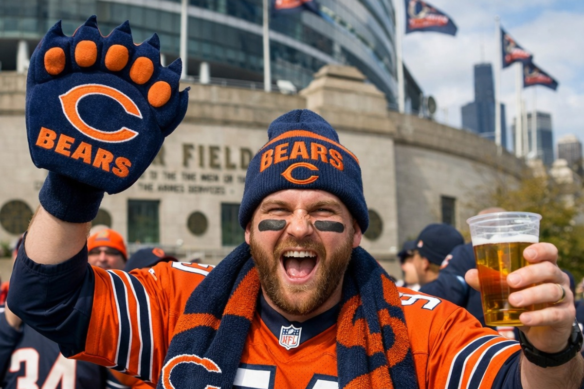 Excited Chicago Bears fan in an orange jersey and beanie throws up a Bears glove while holding a beer at the stadium in celebration.