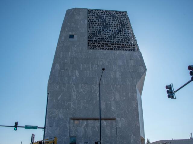 Chicago, IL, April 11, 2026, Barack Obama Presidential Center Tower with a blue sky background, Presidential Library, former President of the United States with words and letters on the exterior