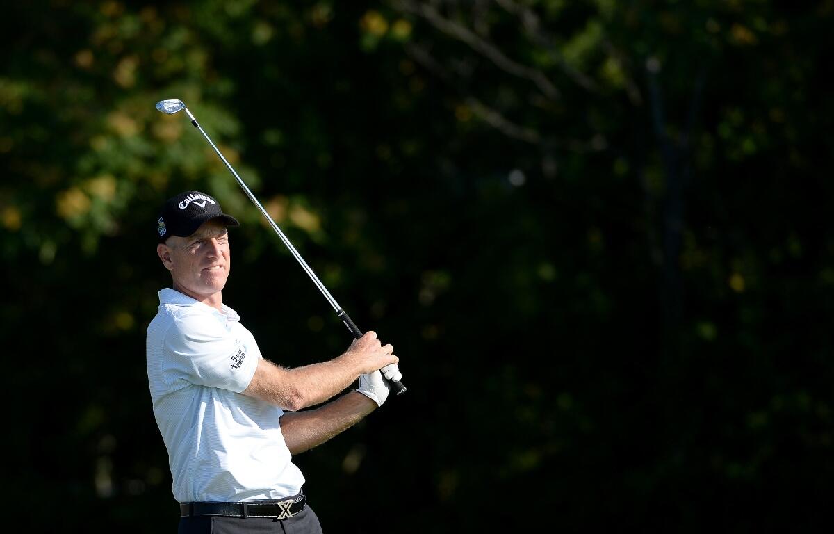 FILE -:Jim Furyk watches his shot during the Barclays Pro-Am held at the Plainfield Country Club in Edison,NJ,August 26,2015.