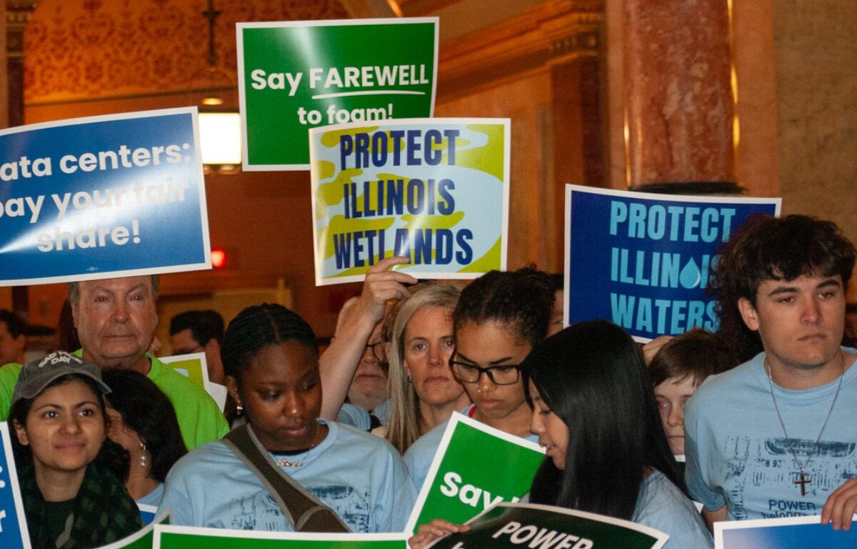Advocates rally for greater data center regulations at the Capitol in April 2026. Ultimately, lawmakers adjourned their spring session without taking action on the bill known as the POWER Act. (Capitol News Illinois photo by Jenna Schweikert)