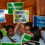 Advocates rally for greater data center regulations at the Capitol in April 2026. Ultimately, lawmakers adjourned their spring session without taking action on the bill known as the POWER Act. (Capitol News Illinois photo by Jenna Schweikert)