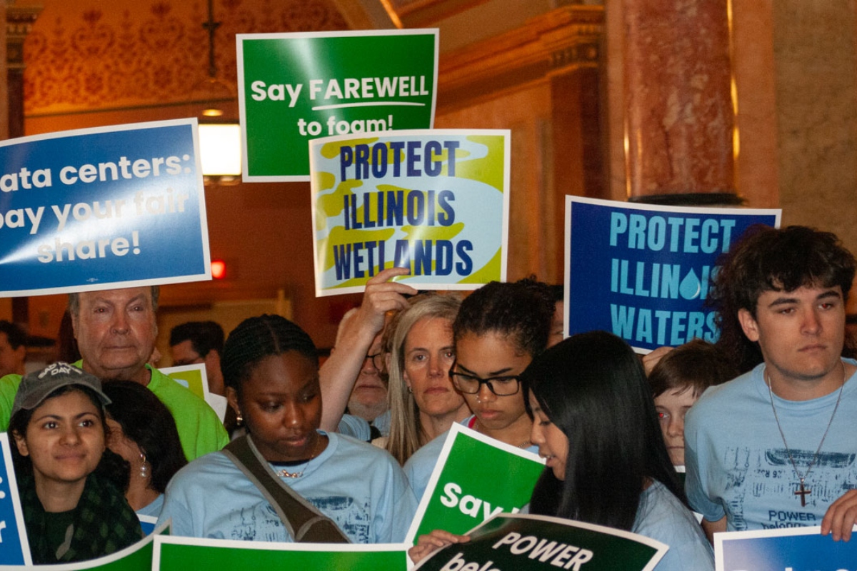 Advocates rally for greater data center regulations at the Capitol in April 2026. Ultimately, lawmakers adjourned their spring session without taking action on the bill known as the POWER Act. (Capitol News Illinois photo by Jenna Schweikert)