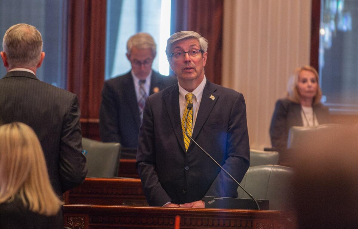 Rep. Dan Ugaste, R-Geneva, on the Illinois House floor on May 21, 2026. (Capitol News Illinois photo by Jerry Nowicki)