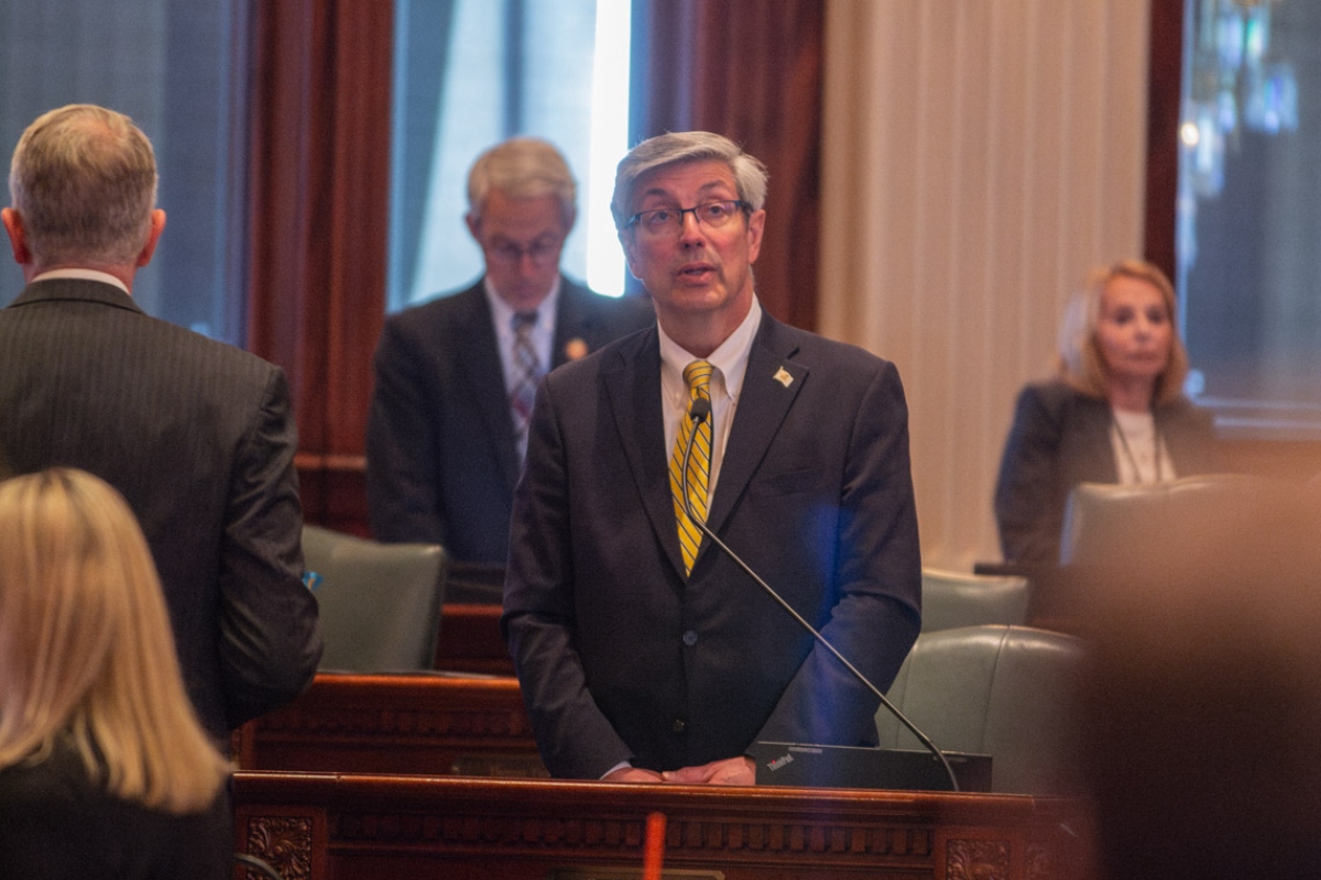Rep. Dan Ugaste, R-Geneva, on the Illinois House floor on May 21, 2026. (Capitol News Illinois photo by Jerry Nowicki)