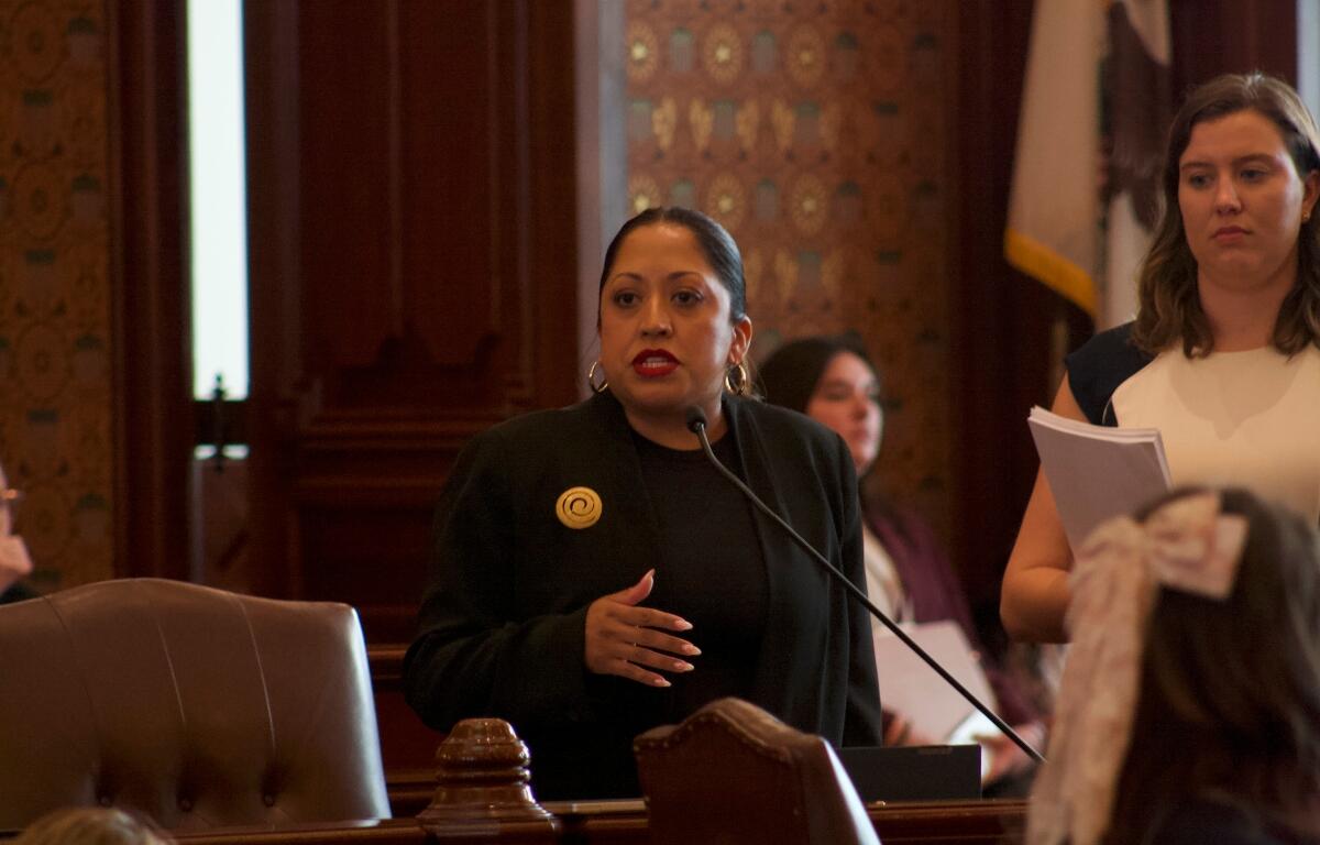 Sen. Celina Villanueva, D-Chicago, speaks on the floor on Thursday, May 28. Villanueva led negotiations on this bill for several years. (Capitol News Illinois photo by Jenna Schweikert.)