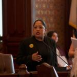 Sen. Celina Villanueva, D-Chicago, speaks on the floor on Thursday, May 28. Villanueva led negotiations on this bill for several years. (Capitol News Illinois photo by Jenna Schweikert.)