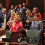 House Democrats surround Rep. Robyn Gabel, D-Evanston, as they vote on the fiscal year 2027 budget in the early hours of June 1, 2026. (Capitol News Illinois photo by Jerry Nowicki)