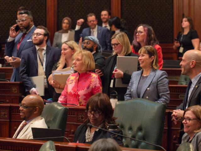 House Democrats surround Rep. Robyn Gabel, D-Evanston, as they vote on the fiscal year 2027 budget in the early hours of June 1, 2026. (Capitol News Illinois photo by Jerry Nowicki)