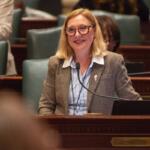 State Rep. Anna Moeller, D-Elgin, speaks on her Medicaid bill on the House floor on May 31, 2026. (Capitol News Illinois photo by Jerry Nowicki)