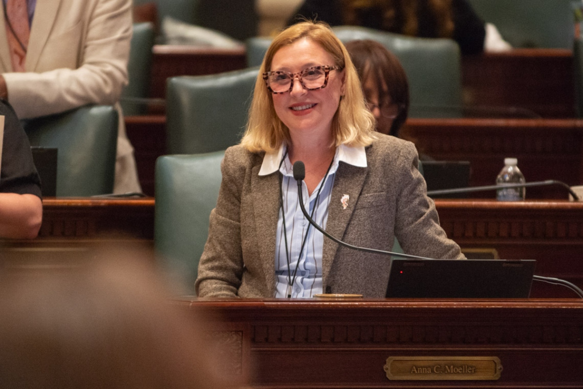 State Rep. Anna Moeller, D-Elgin, speaks on her Medicaid bill on the House floor on May 31, 2026. (Capitol News Illinois photo by Jerry Nowicki)