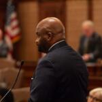 Sen Elgie Sims, D-Chicago, debates Sen. Dave Syverson, R-Cherry Valley, on the Senate floor before the chamber approved the fiscal year 2027 budget. (Capitol News Illinois photo by Jerry Nowicki)