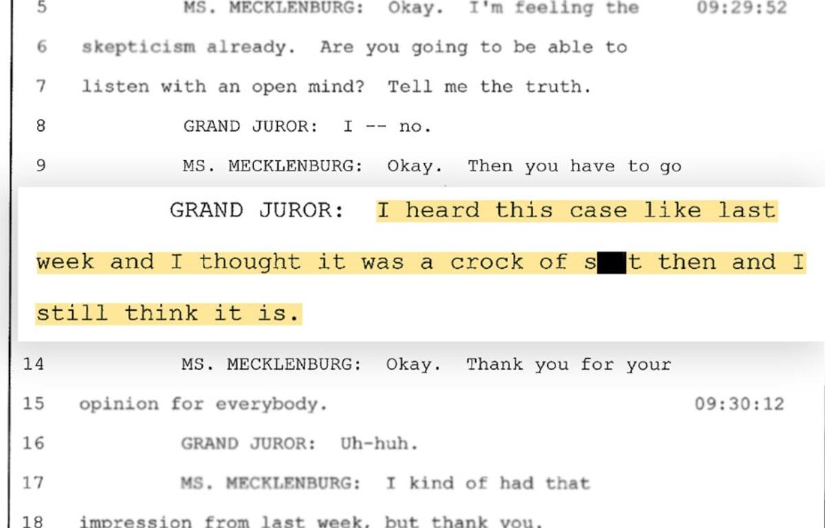 A judge released transcripts of the grand jury proceedings that led to the indictment of the “Broadview Six.” One juror told prosecutors he saw the case as a “crock of s—t.” (Capitol News Illinois illustration; text highlight and enlargement added to court transcript, contents otherwise unaltered)