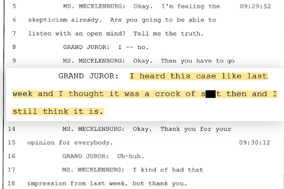 A judge released transcripts of the grand jury proceedings that led to the indictment of the “Broadview Six.” One juror told prosecutors he saw the case as a “crock of s—t.” (Capitol News Illinois illustration; text highlight and enlargement added to court transcript, contents otherwise unaltered)