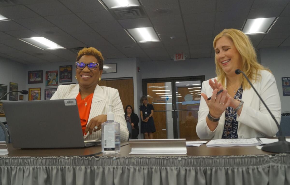 Ronda Dawson, left, executive director of teaching and learning at the Illinois State Board of Education, and Kirsten Parr, director of standards and instruction, present the final draft of the Illinois Comprehensive Numeracy Plan during the board’s regular monthly meeting Wednesday, June 10, 2026, in Springfield. (Capitol News Illinois photo by Peter Hancock)