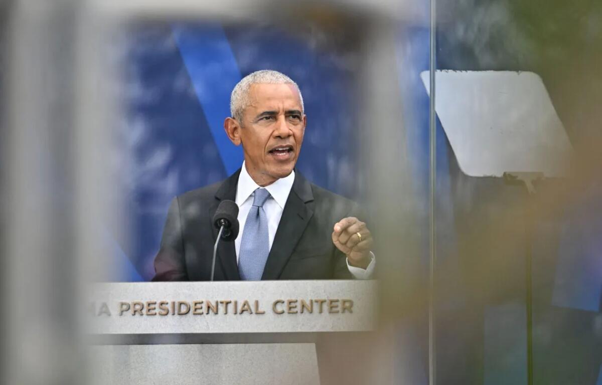Former President Barack Obama speaks during the dedication ceremony for the Obama Presidential Center, Thursday, June 18, 2026, in Chicago. (AP Photo/Jon Cherry)
