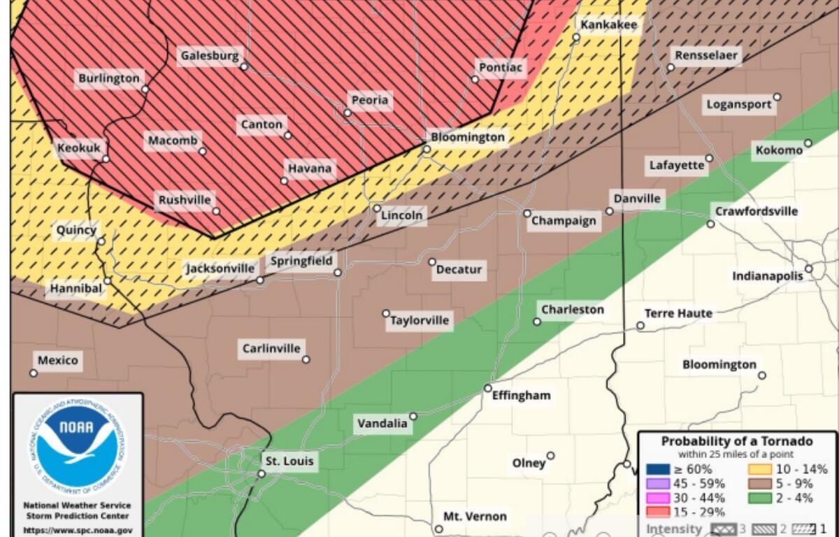 The tornado outlook for Wednesday, June 11. Areas lined or in hash marks indicate the most likely areas for tornadoes.