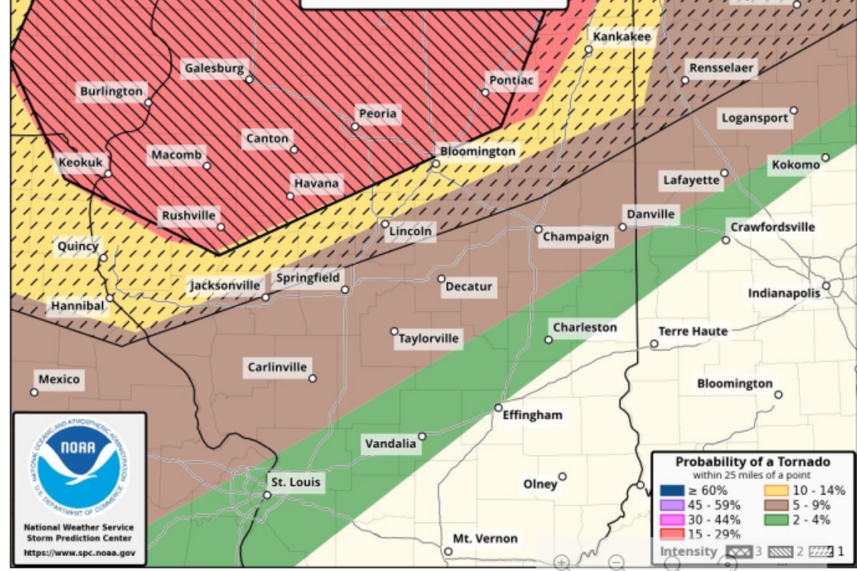 The tornado outlook for Wednesday, June 11. Areas lined or in hash marks indicate the most likely areas for tornadoes.