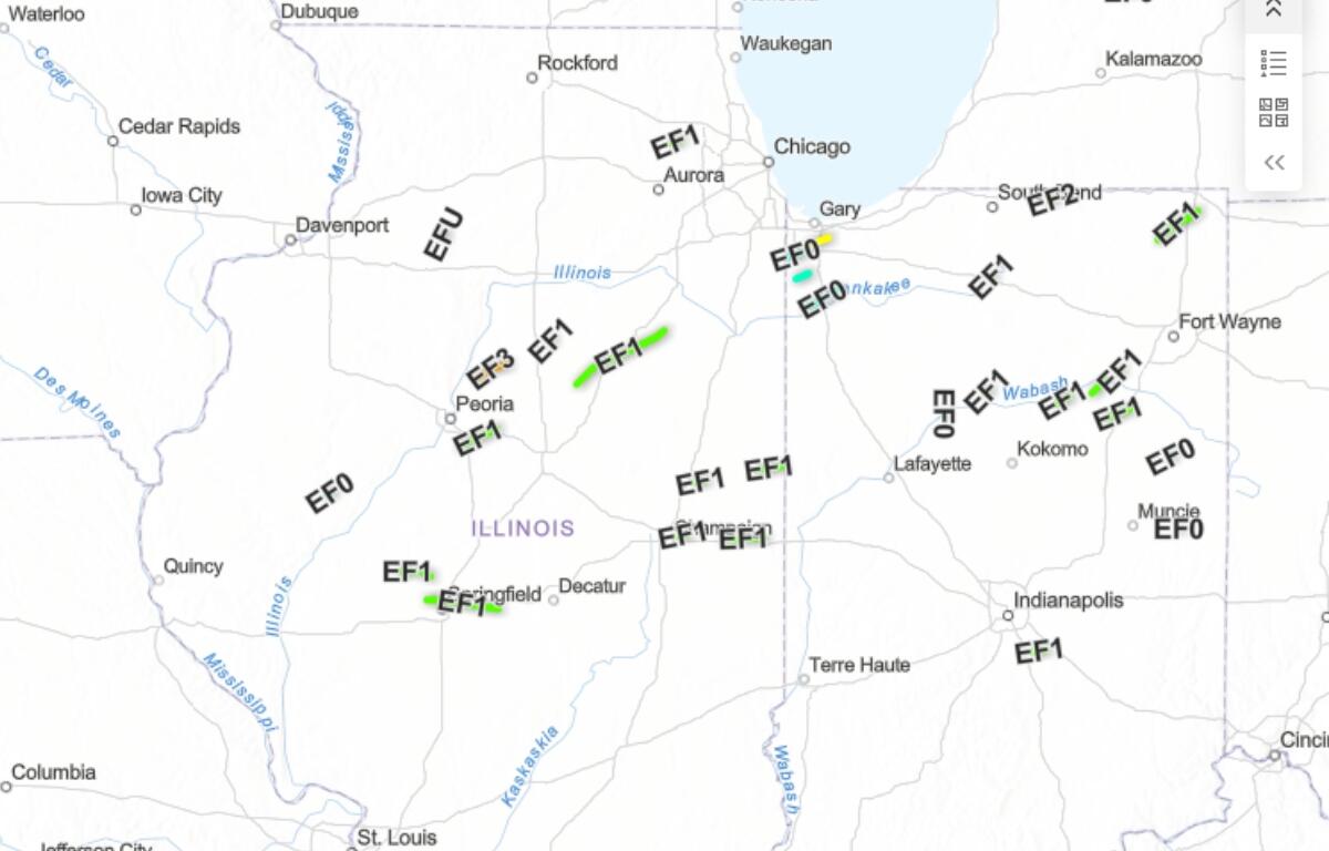 A map of confirmed tornadoes in Illinois and Indiana Nov. 10 and 11.