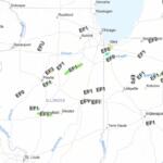 A map of confirmed tornadoes in Illinois and Indiana Nov. 10 and 11.